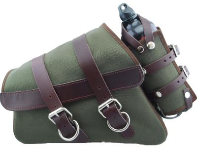 895027 - La Rosa Canvas Swing Arm Saddle Bag with Bottle With Black Straps Brown Army Green Left