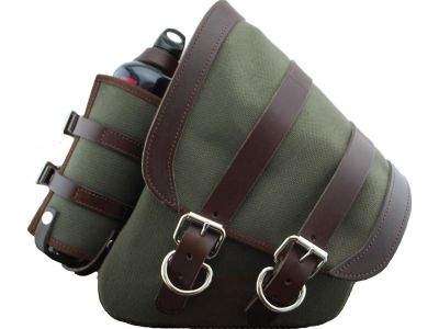 895035 - La Rosa Canvas Swing Arm Saddle Bag with Bottle With Black Straps Brown Army Green Left