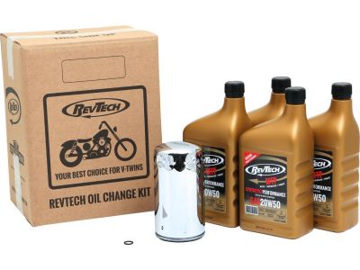 922110 - RevTech Synthetic Performance MTP 4 Qt SAE20W50 Oil Change Kit Extra Long Chrome Oil Filter