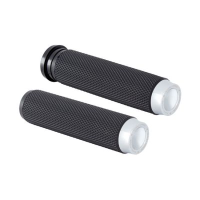 599475 - Rough Crafts, knurled rubber handlebar grips. Chrome